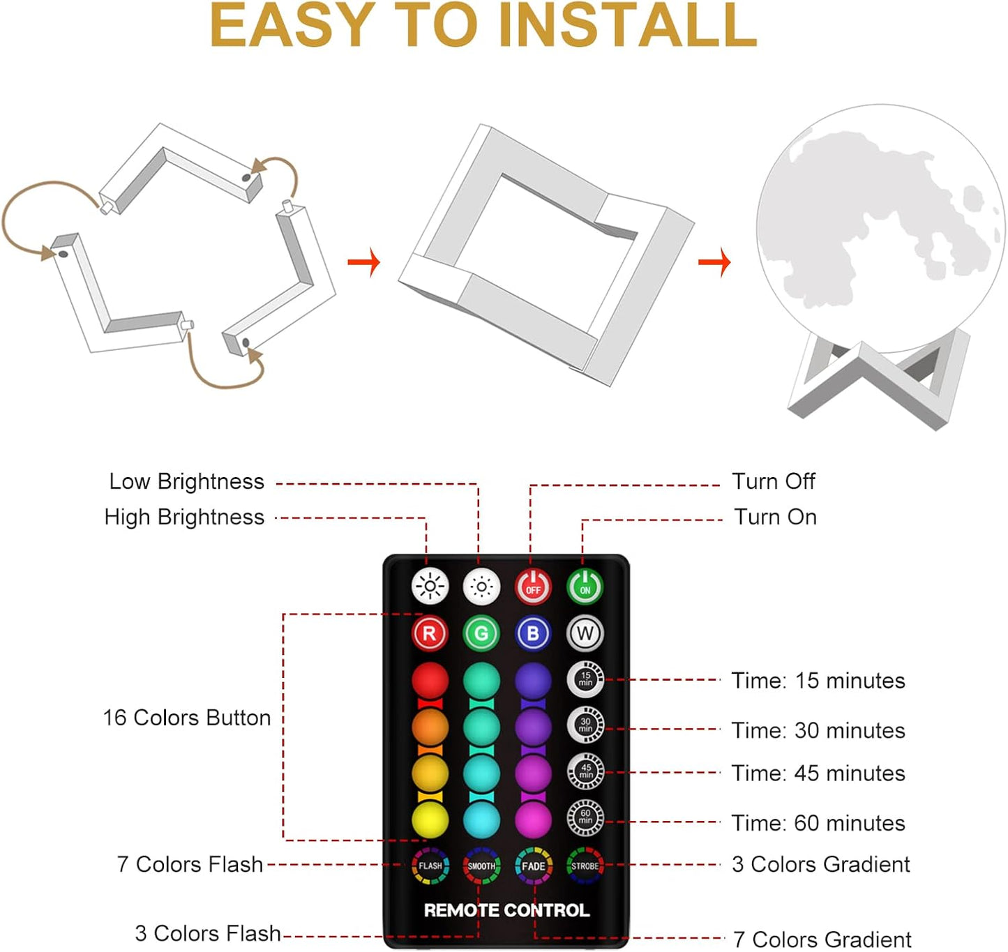 Moon Lamp 3D Printing 16 Colors Moon Light with Stand & Remote &Touch Control and USB Rechargeable, Best Birthday Thanksgiving Christmas Gifts for Baby Kids Lover (6 Inch)