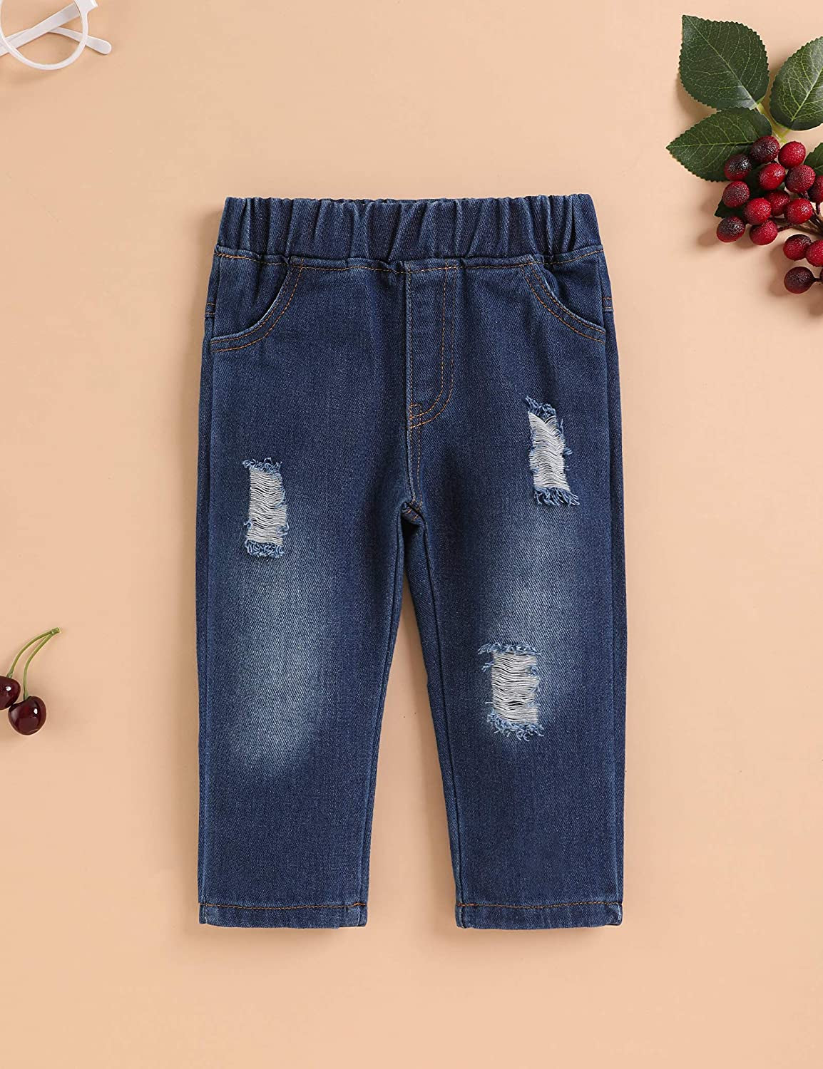 Toddler Baby Girl Clothes Cotton Linen Long Sleeve Ruffle Top and Ripped Jeans Outfit Sets