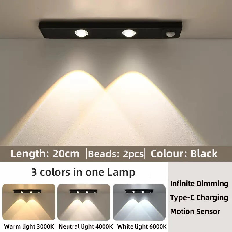 Wireless Ultra Thin Motion Sensor LED Cabinet Light Dimmable Lamp USB Rechargeable 3 Colors for Kitchen Wardrobe Bedroom Stairs