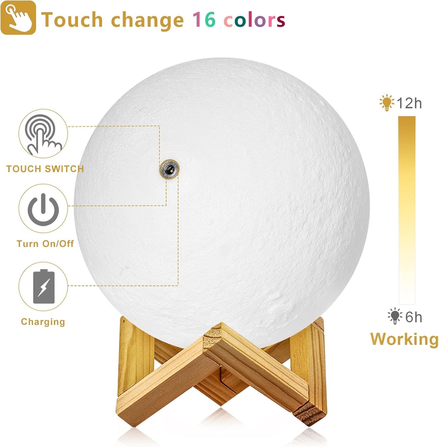 Moon Lamp 3D Printing 16 Colors Moon Light with Stand & Remote &Touch Control and USB Rechargeable, Best Birthday Thanksgiving Christmas Gifts for Baby Kids Lover (6 Inch)