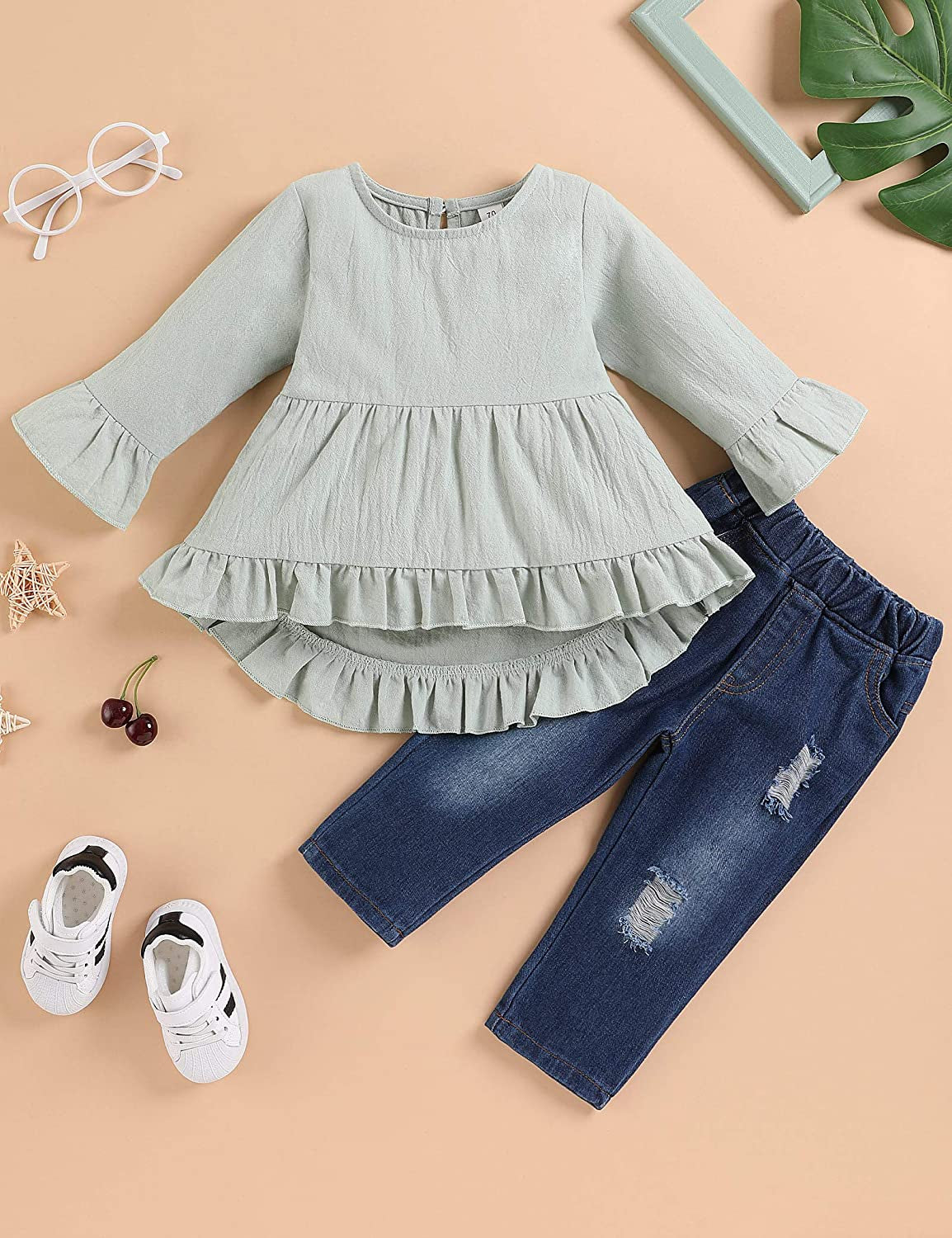 Toddler Baby Girl Clothes Cotton Linen Long Sleeve Ruffle Top and Ripped Jeans Outfit Sets