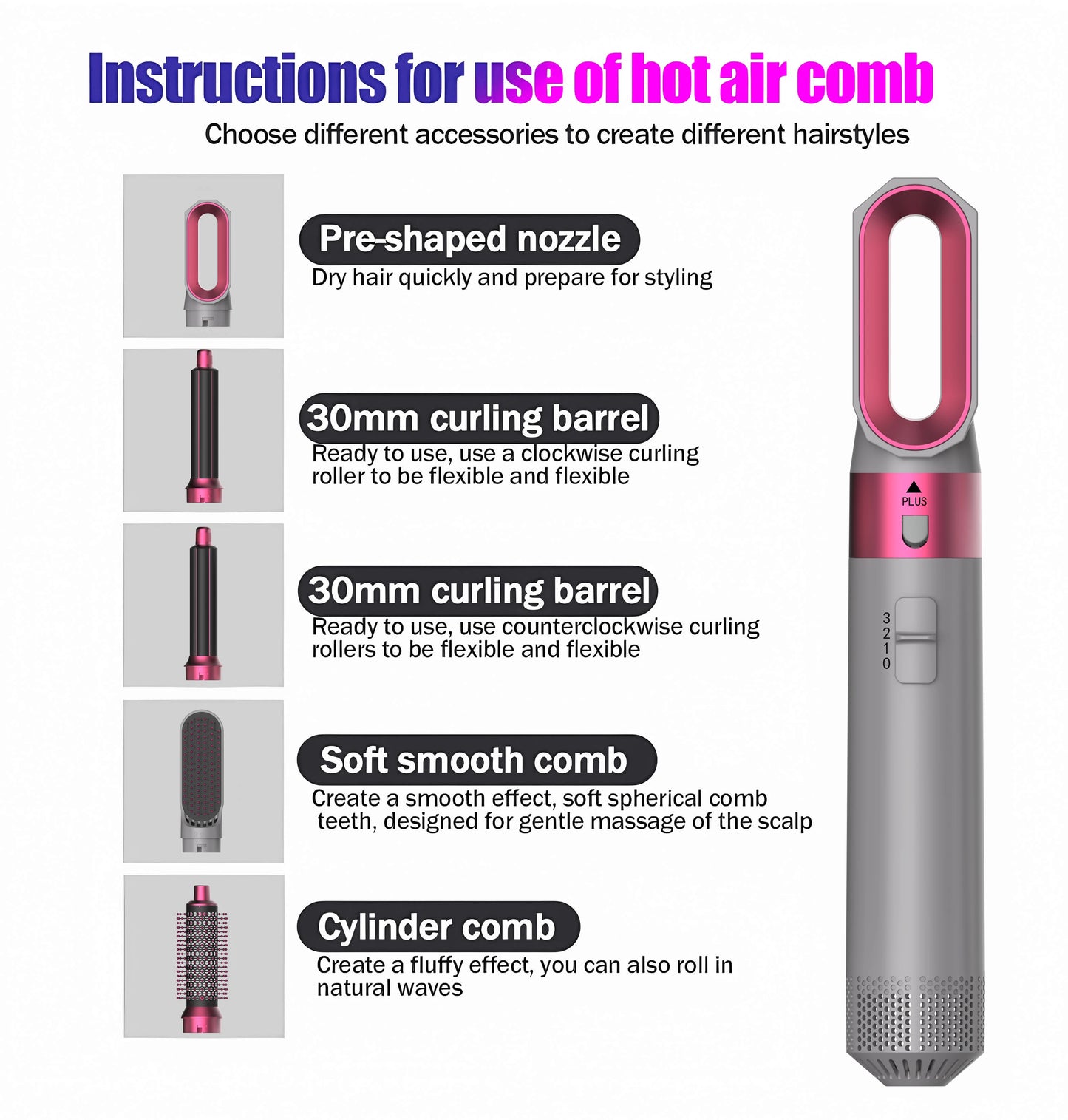 Hot Air Brush 5 in 1 Hair Dryer Set, Straightener Curler Styler Comb, Travel-Friendly Ionic Blow Dryer Brush hair straightener
