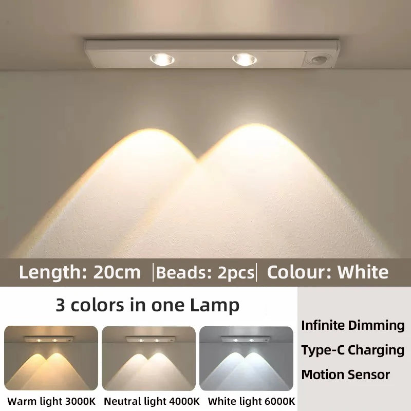 Wireless Ultra Thin Motion Sensor LED Cabinet Light Dimmable Lamp USB Rechargeable 3 Colors for Kitchen Wardrobe Bedroom Stairs