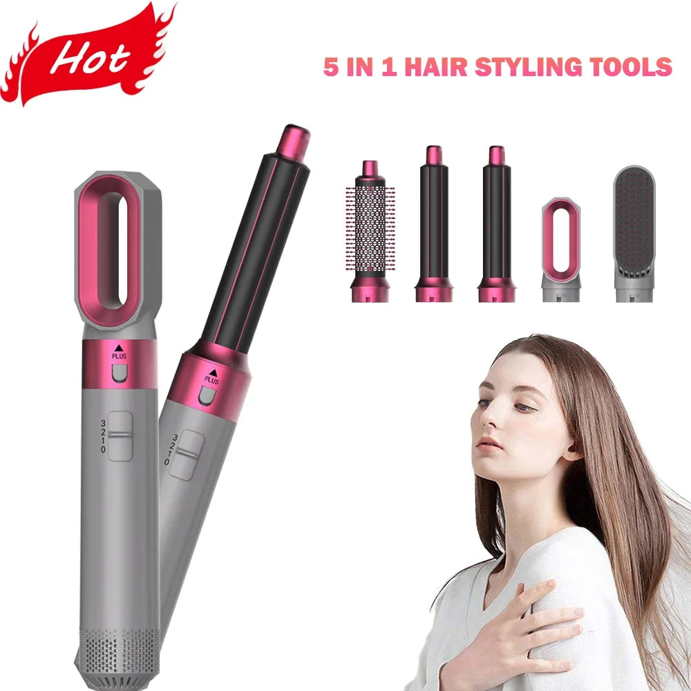 Hot Air Brush 5 in 1 Hair Dryer Set, Straightener Curler Styler Comb, Travel-Friendly Ionic Blow Dryer Brush hair straightener