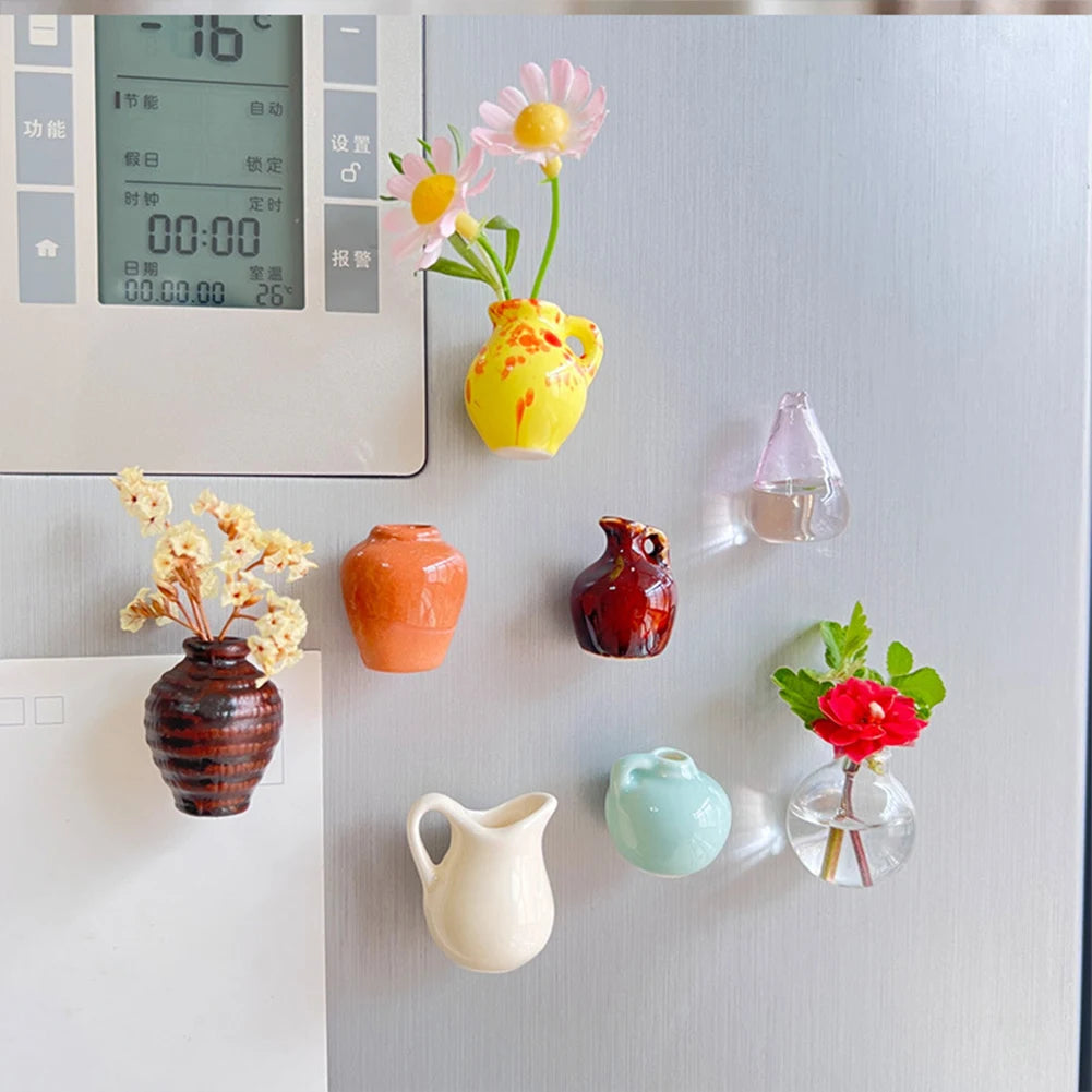 5/6/8pcs Mini Cute Ceramic Fridge Magnets Flowers Pot Refrigerator Magnetic 3D Vase Fridge Sticker For Home Kitchen Decoration