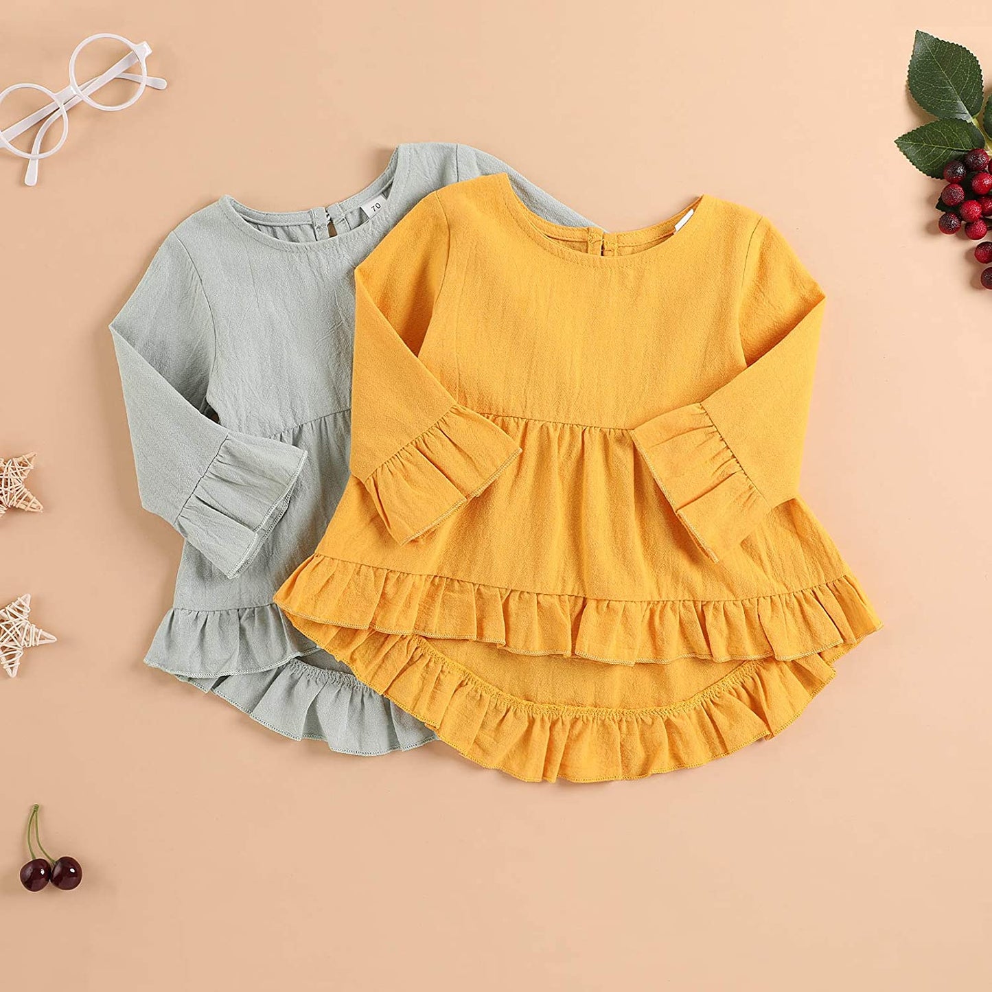 Toddler Baby Girl Clothes Cotton Linen Long Sleeve Ruffle Top and Ripped Jeans Outfit Sets