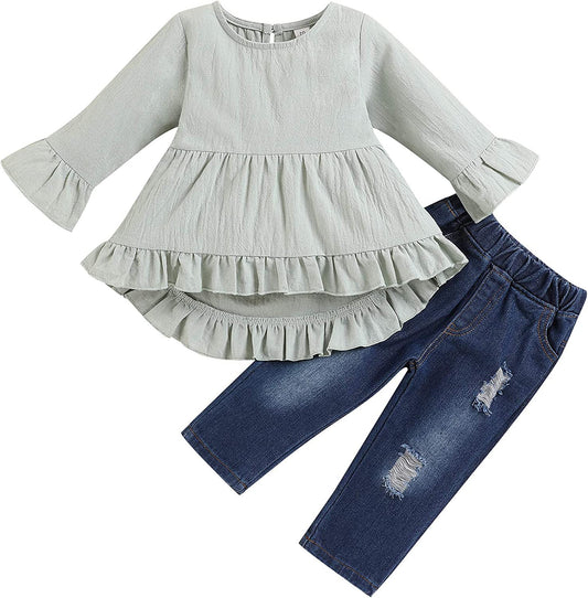 Toddler Baby Girl Clothes Cotton Linen Long Sleeve Ruffle Top and Ripped Jeans Outfit Sets